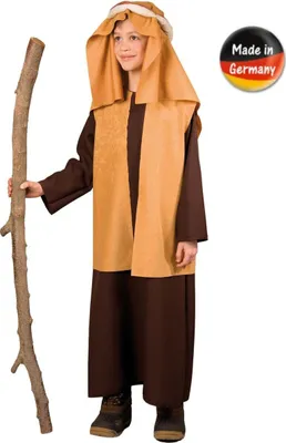 Krippenspiel Kostüm Josef für Kinder von Vorne mit einem Holzstock in der rechten Hand und dem Hinweis made in Germany