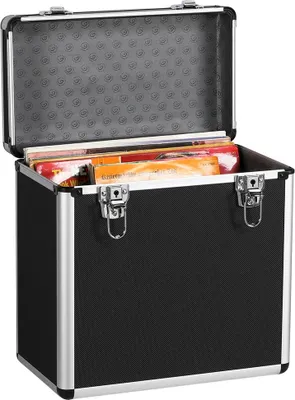 An open black and silver record case filled with records, shown against a white background.