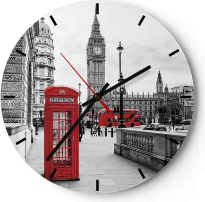 Produktbild von Wanduhr - Rund - Glasuhr - Schuppen Telefon London - 30x30cm - Schleichendes Uhrwerk - Lautlos - zum Aufhängen bereit - Dekoration Modern - Wanddekoration aus Glas - C3AR30x30-4326