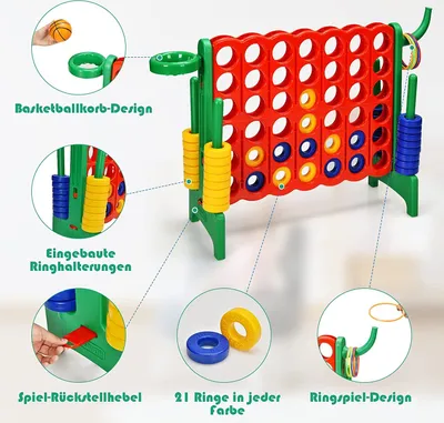 Produktbild von COSTWAY Riesiges 4 Gewinnt Spielset mit Basketballkorb und Wurfspiel, inkl. 42 Jumbo Ringen und Schieberegler zum schnellen Neustart, Vier in Einer Reihe Spiel groß (Rot + Grün)