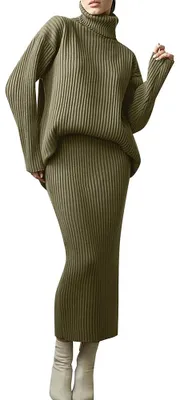 Produktbild von Damen-Strickkleid, 2-teiliges Set, Strickkleid, zweiteiliger Anzug, Strickpullover und langer Strickrock, figurbetontes Midikleid, Rollkragen-Damen-Strickkleid, langärmeliges Herbstkleid, 2-teilig