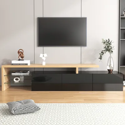 Zdjęcie produktu dla Nowoczesna szafka pod telewizor Sweiko: stylowa elegancja, praktyczna przestrzeń do przechowywania, czarny wysoki połysk, wygląd drewna, szklane półki, oświetlenie LED