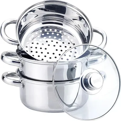 A stainless steel steamer pot with a glass lid, shown against a white background.