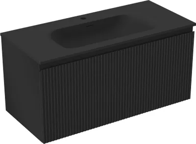 Produktbild von Mexen Rivel Badezimmerschrank 100 cm mit Waschbecken Vela, 1 Schublade, geriffelt, schwarz matt - 91A20-10047-1-BF71-W23M71