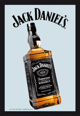 A tilted bottle of Jack Daniels Tennessee Whiskey against a light blue background with the brand name arched above it.