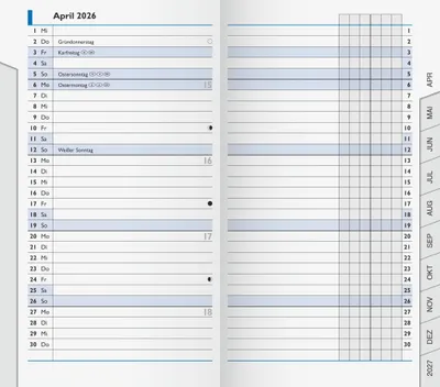 An open planner showing a calendar for April 2026 on the left page and a grid for monthly planning on the right page.