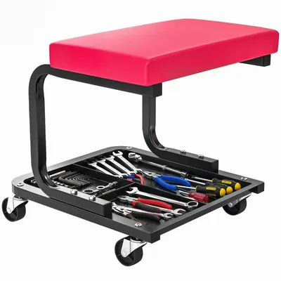 Produktbild von Werkstatthocker – Technikerhocker – Mobiler Werkstatthocker – Mit Werkzeugablage und Rollen – Tragkraft 135 kg – 36,5 x 33,5 x 35 cm – Rot