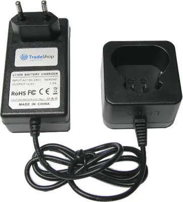 A black battery charger and its power adapter are shown on a white background.