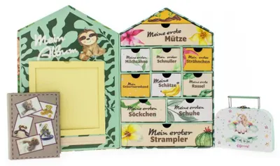 Produktbild von hausleben Baby Erinnerungsbox Set mit 10 Schubladen, Aufbewahrungsbuch & Weiße Köfferchen – Grüne Meilenstein Erinnerungskiste für Geburt & Taufe – Baby Geschenkbox