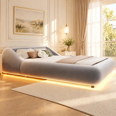 Produktbild von Flieks Polsterbett 140x200cm mit Lattenrost, Doppelbett mit Kopfteil, Schwebendes Bettgestell mit LED-Beleuchtung, Grau, Samtstoff+Sperrholz+MDF