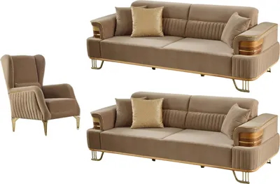 Produktbild von Villa Möbel Sofa Set Braga Hellbraun Stellvariante:3+2+1 Relax- und Bettfunktion, pflegeleichter Mikrofaser Samtstoff