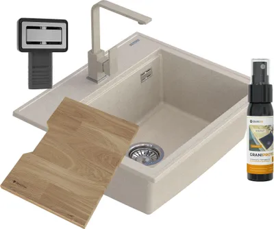 Produktbild von Granitan | Granitspüle - Spülbecken 56x50cm - Küchenspüle Beige - Küchenarmatur PERRO - Schneidebrett - FOXAL