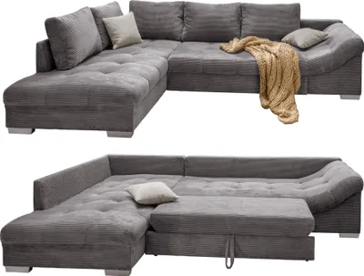 Produktbild von Ecksofa modern Schlafsofa Eckcouch Polsterecke L-Form Ottomane links Cord Grau / 17202