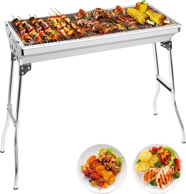 Image de Barbecue au charbon de bois - Grill de camping portable - Pour cuisiner en extérieur - En acier inoxydable pliable - 73 x 33 cm - Noir