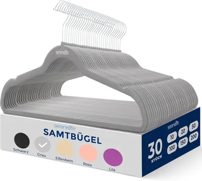 Produktbild von SereneLife Kleiderhaken Grau, Samtbügel 30 Stück, rutschfeste Bügel mit 360° drehbarer Haken für Ihre Garderobe, Platzsparend