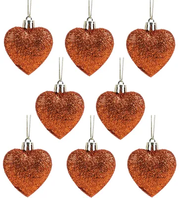 8 Herz-Christbaumkugeln, 6 cm, Glitzer, kupferfarben