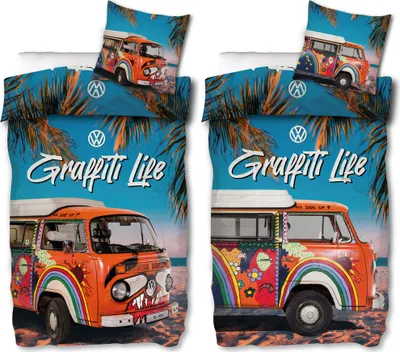 Two bedding sets featuring a Volkswagen van with graffiti art and palm trees.