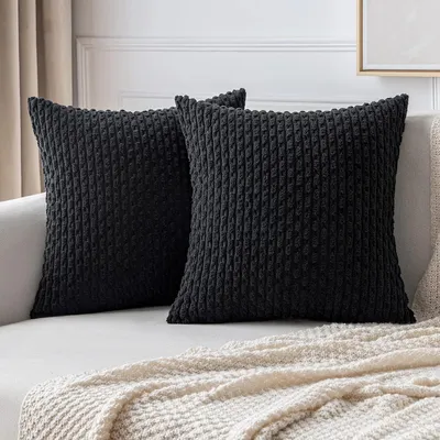 Image de Housse de coussin en velours côtelé, housse de coussin décorative, coussin moderne pour canapé, doux, pour canapé, salon, chambre, lot de 2, 50 x 50 cm, noir
