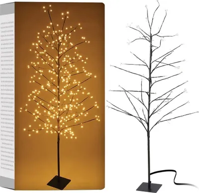 A product image showing a decorative LED tree with lights on the left and a bare tree on the right, against a brown and white background.