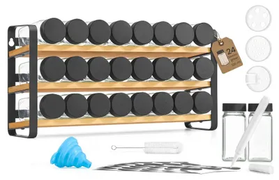 Image de Étagère à épices à 3 niveaux et 24 pots | Couleur : noir et beige naturel | Dimensions : 39,5 x 9 x 19,5 cm
