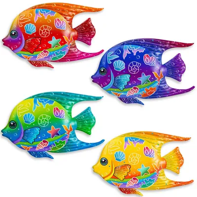 4 Fisch-Wanddekore aus Metall, maritim, 23 cm, Colour-A