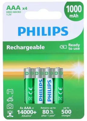 Productafbeelding van Philips 4 Stuks AAA-Batterijen HR03 - Oplaadbare NiMH Batterijen - 1000 mAh - 1.2V - Tot 500 Keer Herlaadbaar - Zilver/Groen