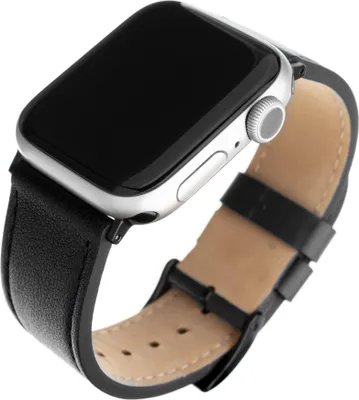 A close-up shot of a smartwatch with a black leather strap.