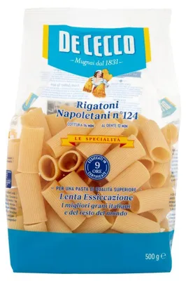Produktbild von 8x Pasta De Cecco Le specialita' 100% Italienisch Rigatoni Napoletani N°124 Nudeln 500g + Italian Gourmet Polpa 400g