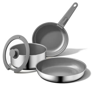Image de Ensemble de 5 poêles en céramique avec manche amovible, compatible induction, couleur grise
