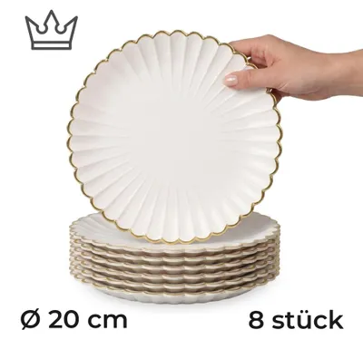 8er-Set Premium Porzellan Speiseteller Ø20 cm – Elegantes Wellendesign mit edlem Goldrand
