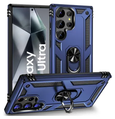A blue phone case with a ring holder is displayed from multiple angles, with a partial view of a smartphone screen showing the 'Galaxy Ultra' text.