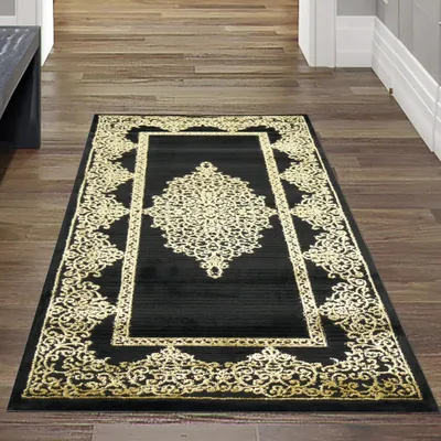Produktbild von Teppich modern Kurzflor Wohnzimmerteppich Ornamente in schwarz gold Größe - 80 x 150 cm