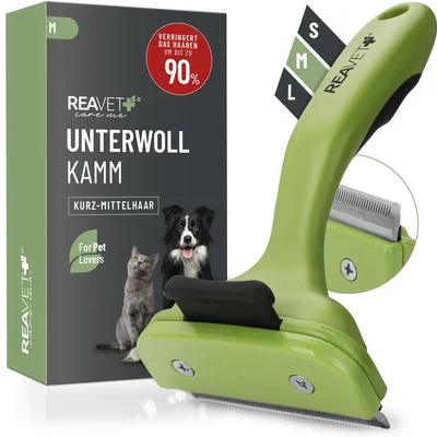 Image de REAVET Peigne à sous-poils pour chiens et chats à poil court I Races moyennes (taille M) I Élimine le sous-poil, entretient le poil de garde I Avec bouton autonettoyant I Peigne pour chats Peigne pour chiens idéal pour le changement de pelage