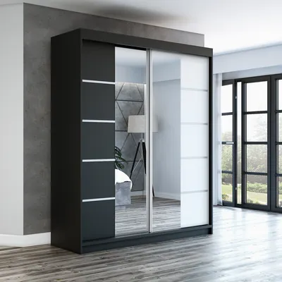 Produktbild von Schwebetürenschrank, 2-türig Schrank ERA 180 cm (mit Spiegel) Schwarz / schwarz / weiß