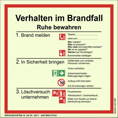 Produktbild von Verhalten in Brandfall Schild ISO 7010 Brandschutzordnung nachleuchtend
