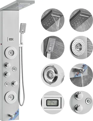 Produktbild von VEVOR Duschpaneelsystem, 6 Duschmodi, LED- und Display-Duschpaneelturm, Regenfall, Wasserfall, 4 Körpermassagedüsen, Wannenauslauf, Handbrause, 59-Zoll-Schlauch, Wandmontiertes Duschset