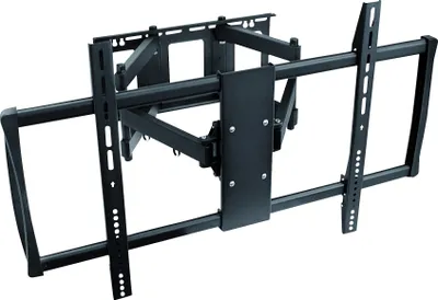 A black, articulated TV wall mount is shown against a white background.