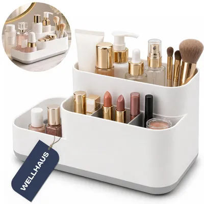 Immagine prodotto di WELLHAUS Organizer per cosmetici bianco-grigio, contenitore per il bagno, trucchi e prodotti per la cura della persona