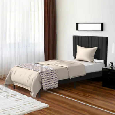 Obrázok produktu pre XINZI Čalúnená posteľ 140 x 200 cm jednolôžko s čelom, Stabilný rám postele s lamelovým roštom, Čalúnený rám postele, Zamat, Bez matraca, Čierna