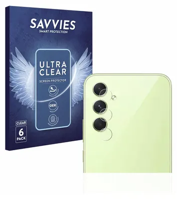 A product shot showing a box of screen protectors and a close-up of a phone's camera lens with the protectors applied.