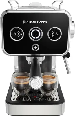 A Russell Hobbs Distinction espresso machine with two cups of espresso.