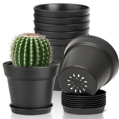 Productafbeelding van Set van 8 zwarte bloempotten 10 cm met schotels