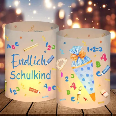 Productafbeelding van 12 windlichten, tafeldecoratie, schoolstart, jongens, blauw, met ABC, schooltas, 27x10 cm