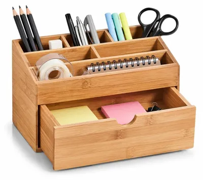 Produktbild von hausleben Schreibtisch Organizer aus Bambus mit Schublade – 6 Fächer Stiftehalter & Büro Organizer, Schreibtischablage für Büro & Home Office, 24,5 x 13 x 15 cm