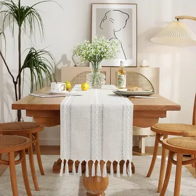 Produktbild von Tischläufer Beige Baumwolle Leinen Hohlsaum 33x120cm