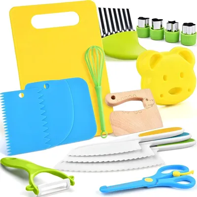 Produktbild von Kindermesser 17-teiliges Set – Sichere Messer für Kinder – Kinderbesteck – Kindermesserset mit Schneidebrett und Ausstechformen