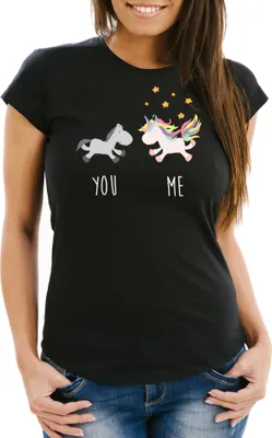 Produktbild von Damen T-Shirt YOU and ME Einhorn Unicorn Slim Fit Moonworks® schwarz XS