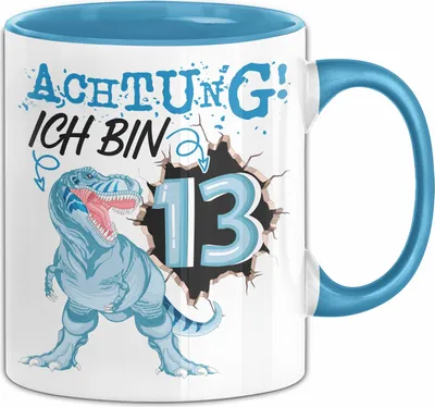 Produktbild von 13. Geburtstag Geschenk Tasse Becher Jungs Sohn T-Rex Geburtstagsgeschenk Dinosaurier Achtung Ich bin 13 Teenager (Blau)