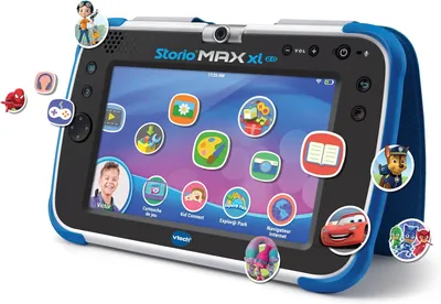 A VTech Storio Max XL 2.0 tablet for children, displayed at an angle with various cartoon characters and icons surrounding it.