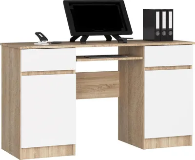 Image de Bureau Sonoma Chêne avec Tiroirs et Plateau de Clavier Roulant Blanc 135 cm